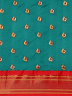 Maharani paithani saree silk blend in rama green and red with big peacock meena butti - body fabric detail showing motif design for party wear