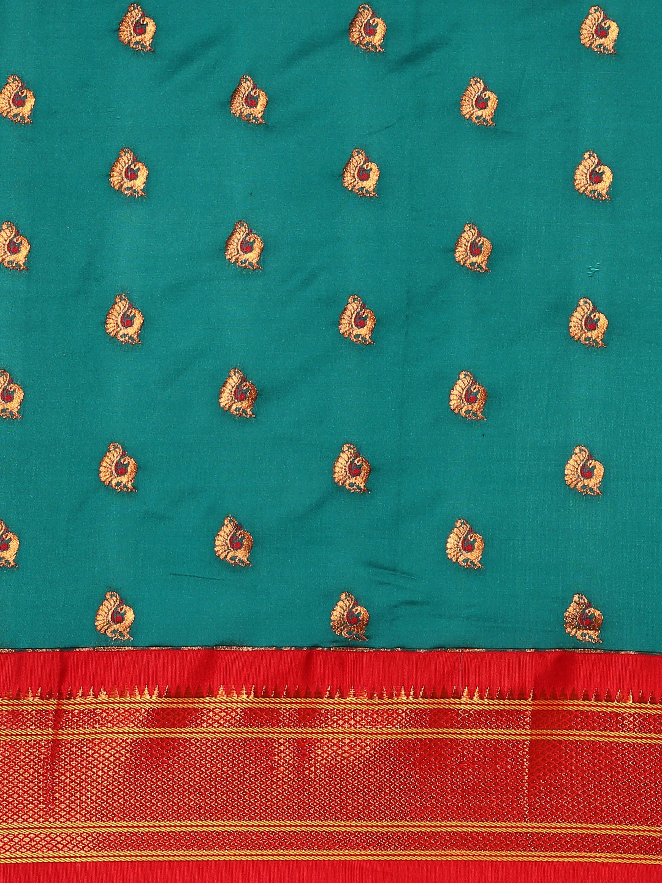 Maharani paithani saree silk blend in rama green and red with big peacock meena butti - body fabric detail showing motif design for party wear