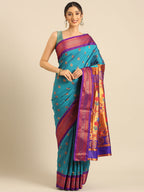 Maharani paithani saree silk blend in rama green and violet with big peacock meena butti - front view for party wear