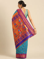 Maharani paithani saree silk blend in rama green and violet with big peacock meena butti - back view showing pallu and border for party wear