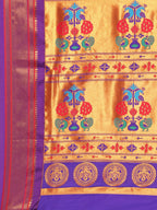 Maharani paithani saree silk blend in rama green and violet with big peacock meena butti - pallu detail showing woven motif design for party wear