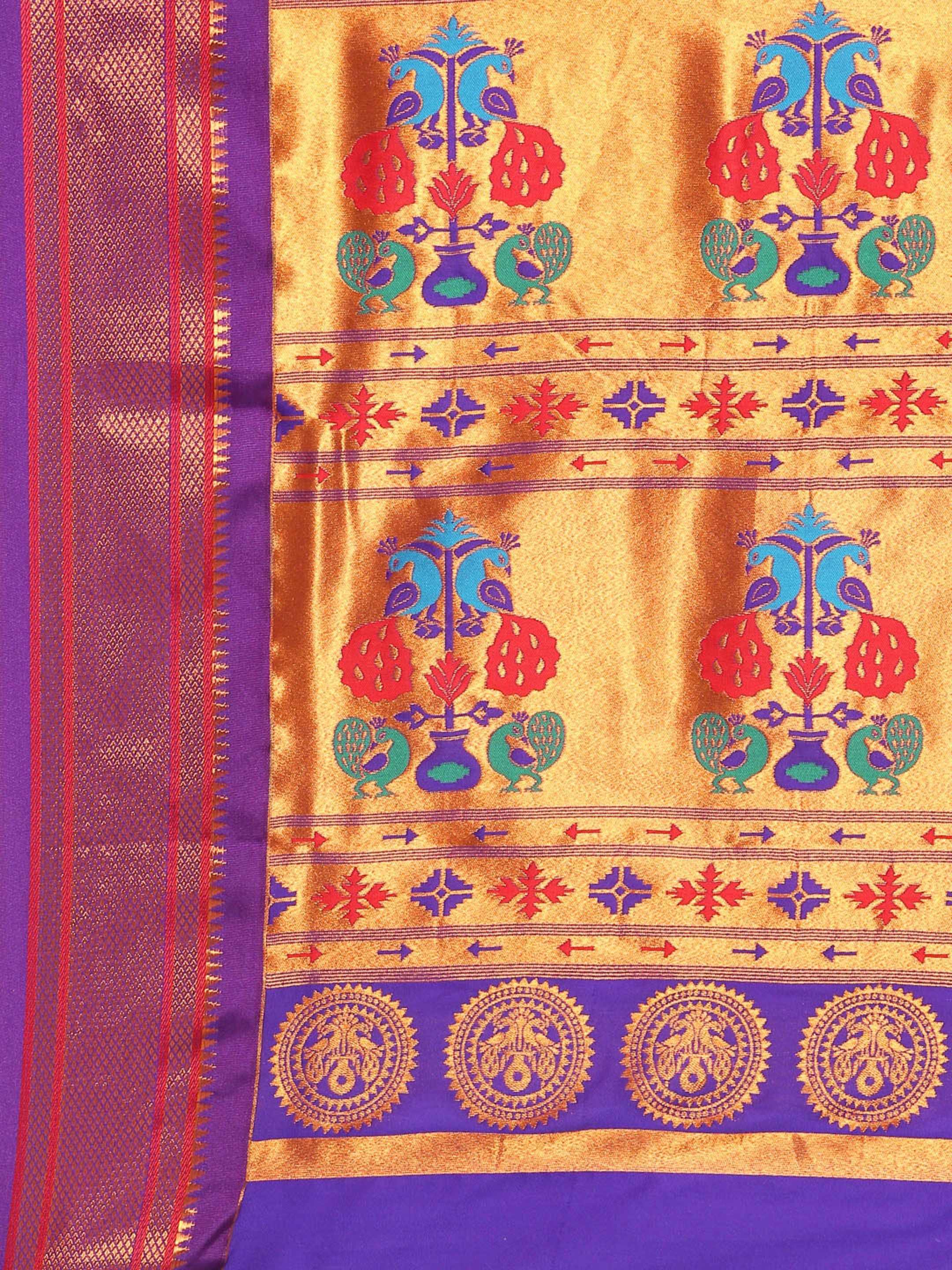 Maharani paithani saree silk blend in rama green and violet with big peacock meena butti - pallu detail showing woven motif design for party wear