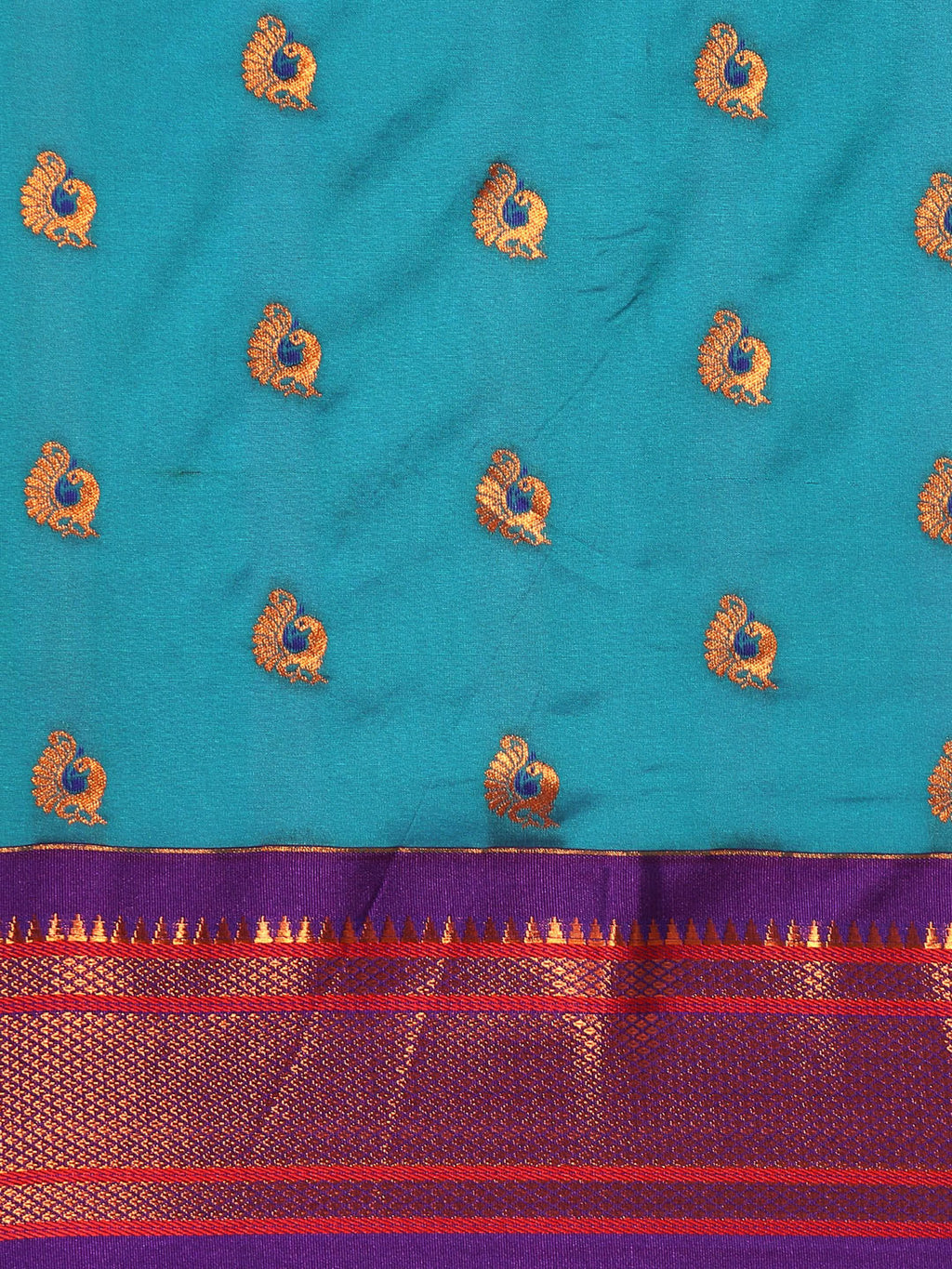 Maharani paithani saree silk blend in rama green and violet with big peacock meena butti - body fabric detail showing motif design for party wear