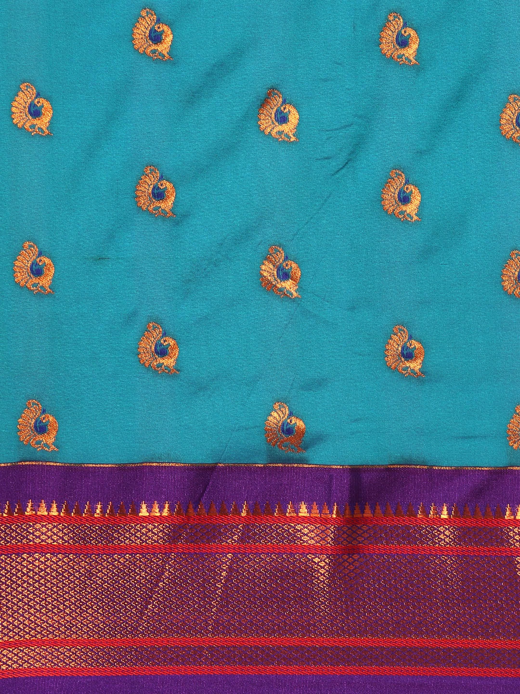 Maharani paithani saree silk blend in rama green and violet with big peacock meena butti - body fabric detail showing motif design for party wear