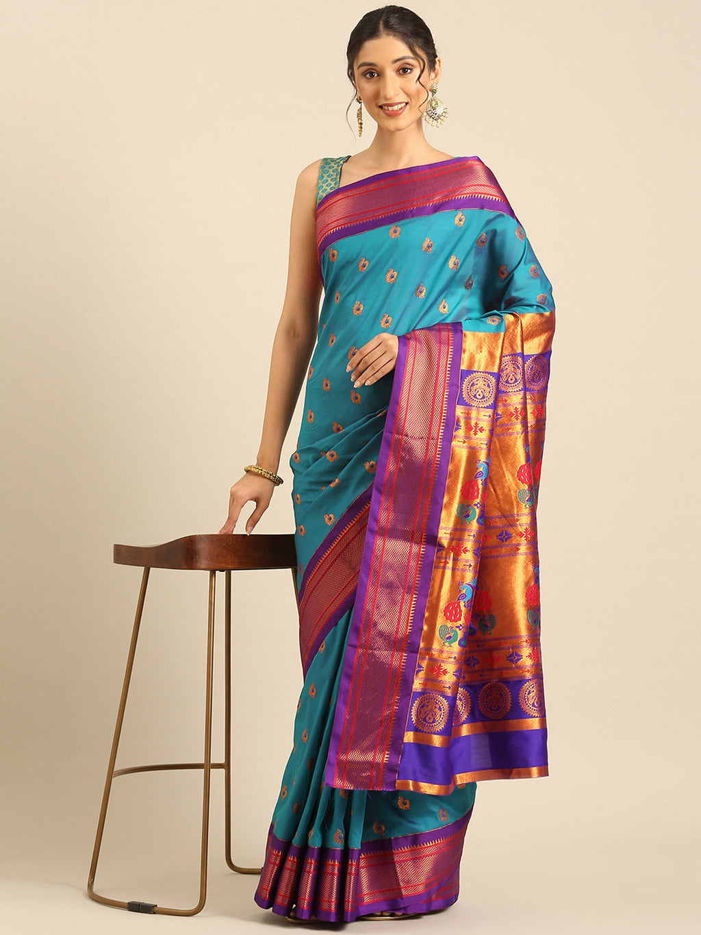 Maharani paithani saree silk blend in rama green and violet with big peacock meena butti - styled model view for party wear