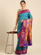 Maharani paithani saree silk blend in rama green and violet with big peacock meena butti - styled model view for party wear