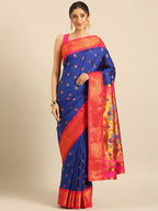 Maharani paithani saree silk blend in royal blue and pink with big peacock meena butti - front view for party wear