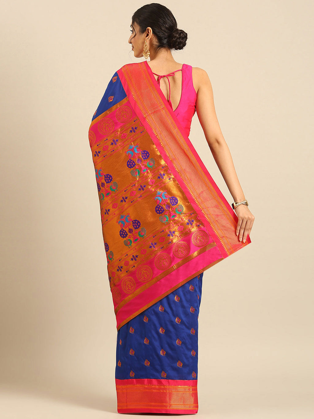 Maharani paithani saree silk blend in royal blue and pink with big peacock meena butti - back view showing pallu and border for party wear