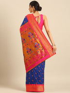 Maharani paithani saree silk blend in royal blue and pink with big peacock meena butti - back view showing pallu and border for party wear