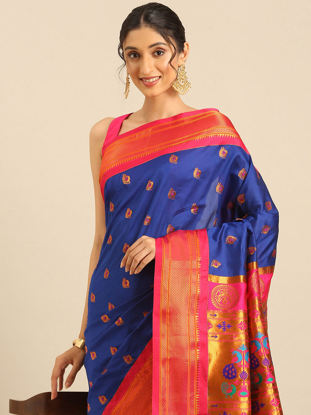 Maharani paithani saree silk blend in royal blue and pink with big peacock meena butti - closeup view showing fabric and zari work for party wear