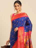 Maharani paithani saree silk blend in royal blue and pink with big peacock meena butti - closeup view showing fabric and zari work for party wear