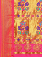 Maharani paithani saree silk blend in royal blue and pink with big peacock meena butti - pallu detail showing woven motif design for party wear