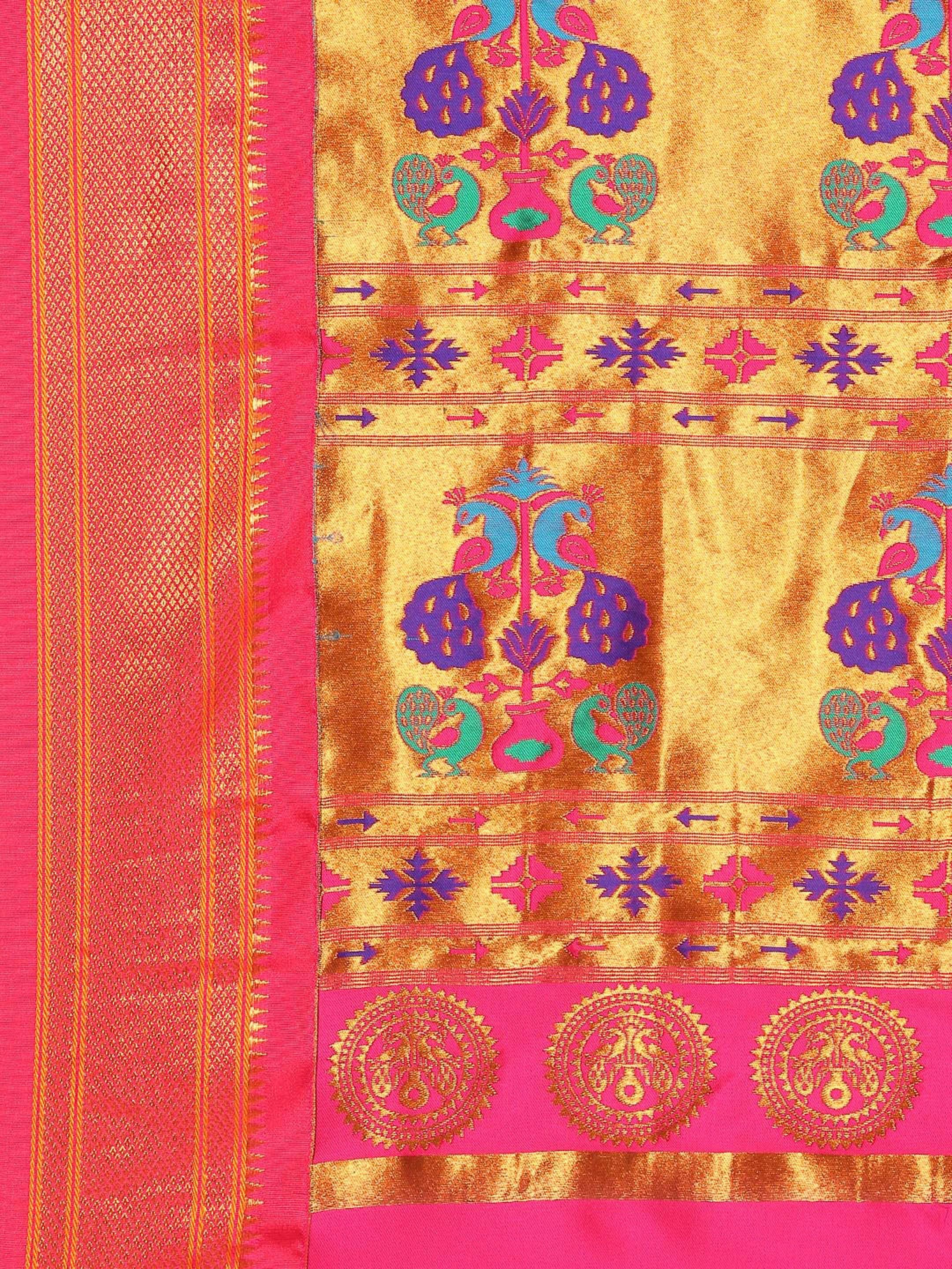 Maharani paithani saree silk blend in royal blue and pink with big peacock meena butti - pallu detail showing woven motif design for party wear