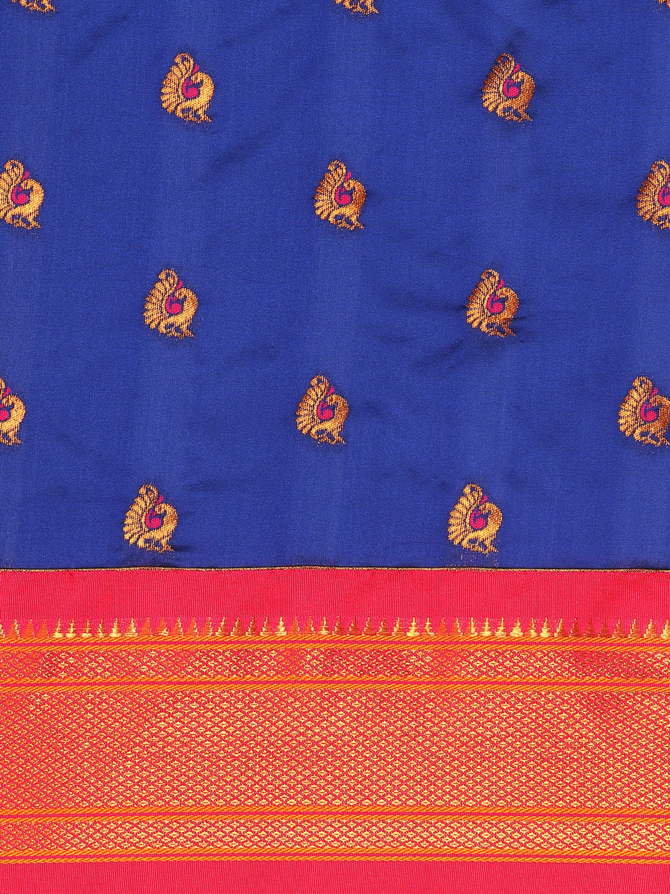 Maharani paithani saree silk blend in royal blue and pink with big peacock meena butti - body fabric detail showing motif design for party wear