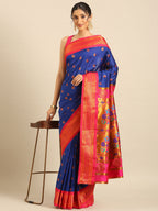Maharani paithani saree silk blend in royal blue and pink with big peacock meena butti - styled model view for party wear