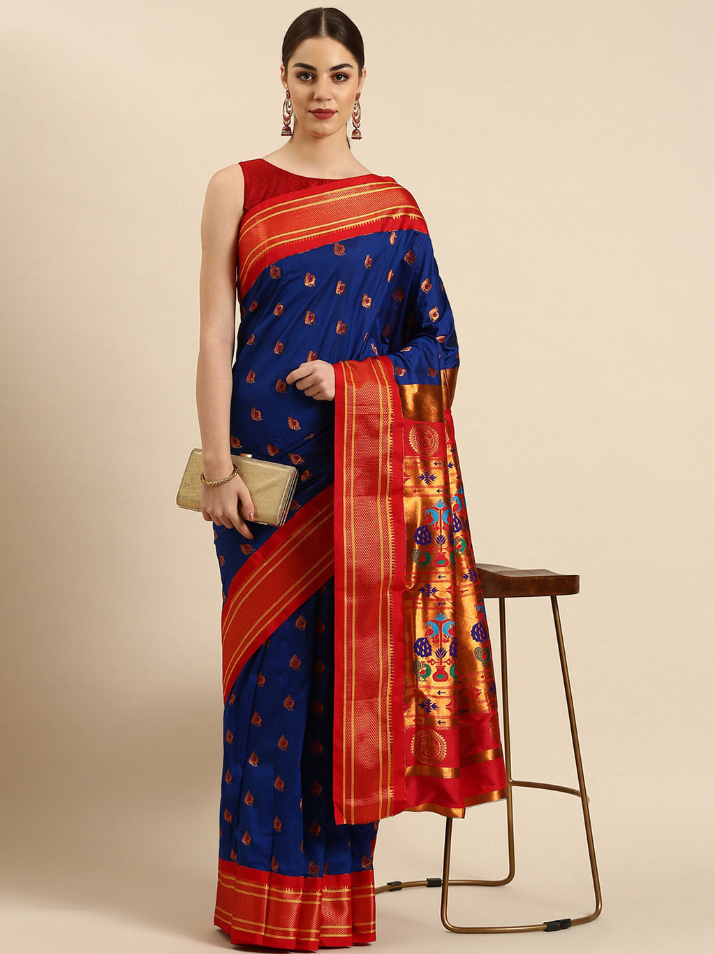 Maharani paithani saree silk blend in royal blue and red with big peacock meena butti - front view for party wear