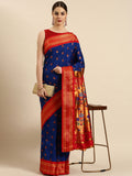 Maharani paithani saree silk blend in royal blue and red with big peacock meena butti - front view for party wear