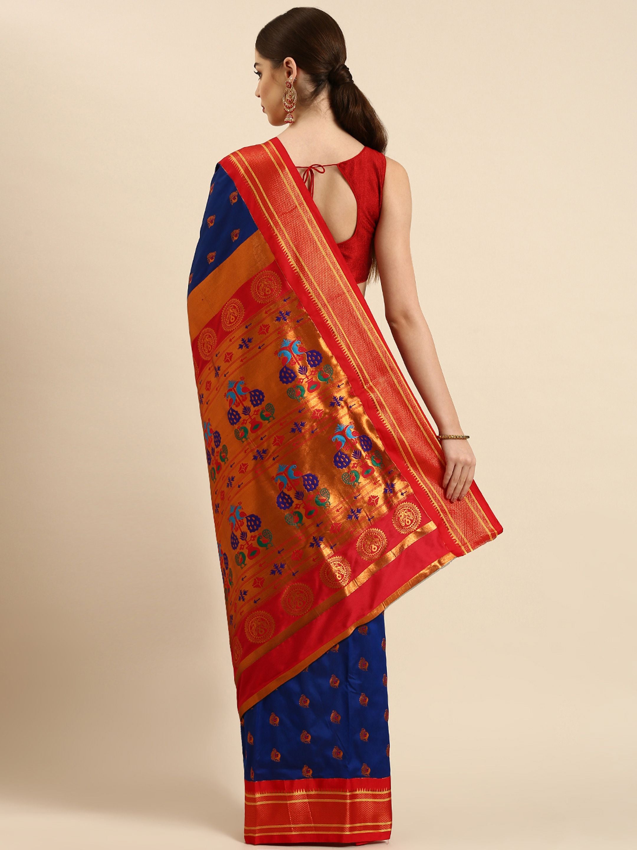 Maharani paithani saree silk blend in royal blue and red with big peacock meena butti - back view showing pallu and border for party wear