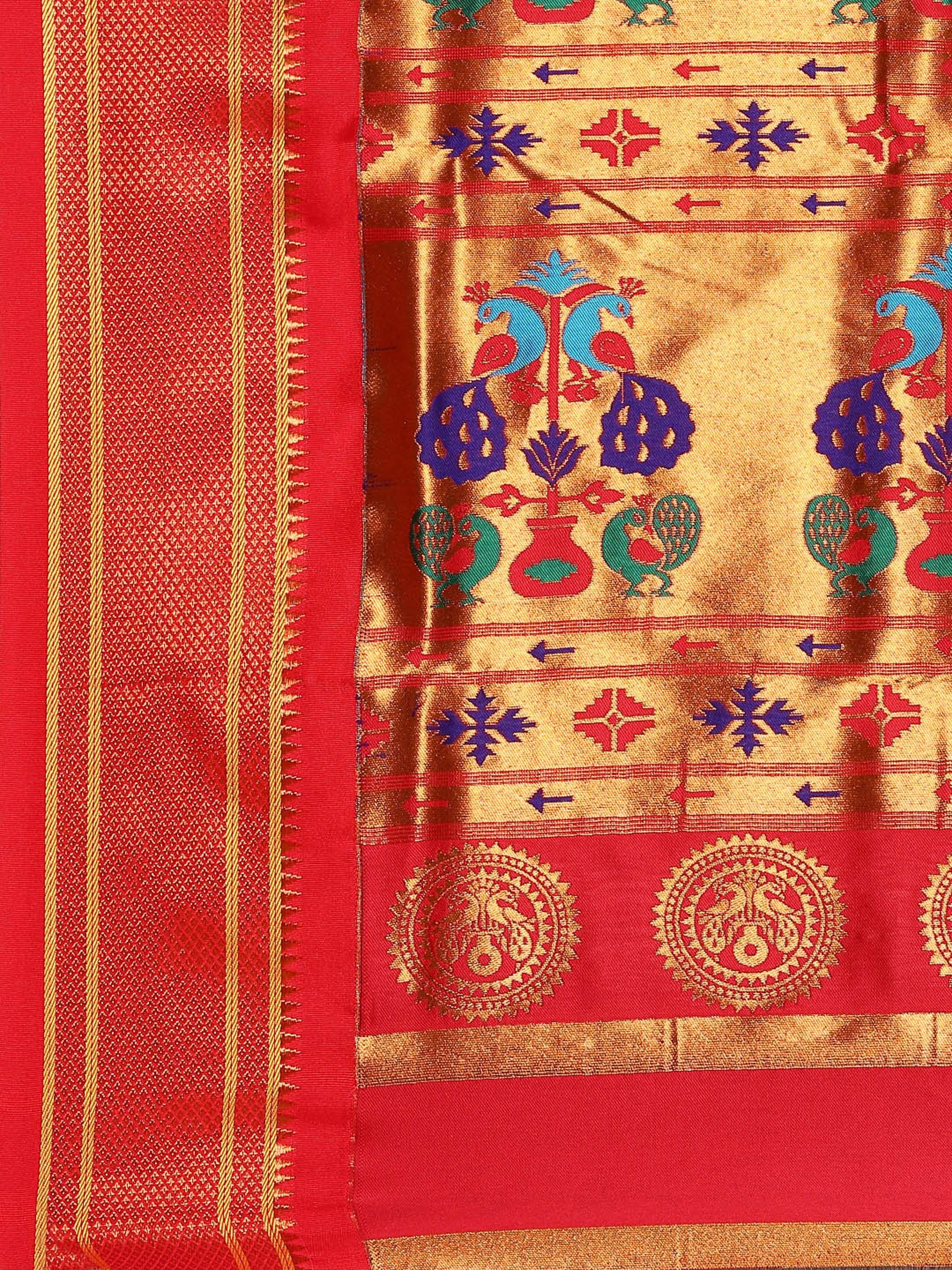 Maharani paithani saree silk blend in royal blue and red with big peacock meena butti - pallu detail showing woven motif design for party wear