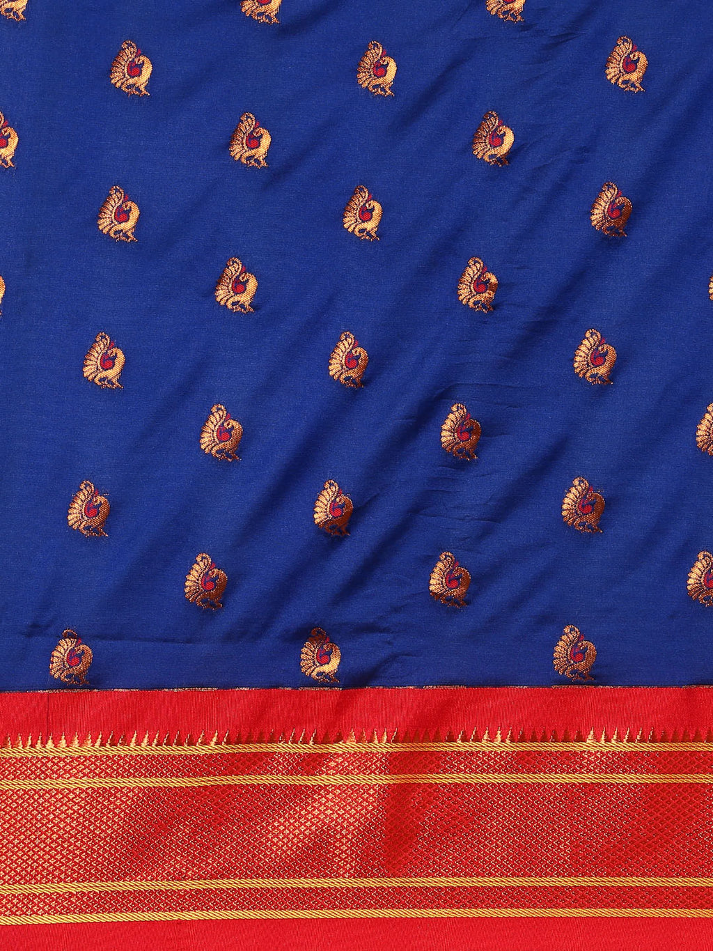 Maharani paithani saree silk blend in royal blue and red with big peacock meena butti - body fabric detail showing motif design for party wear