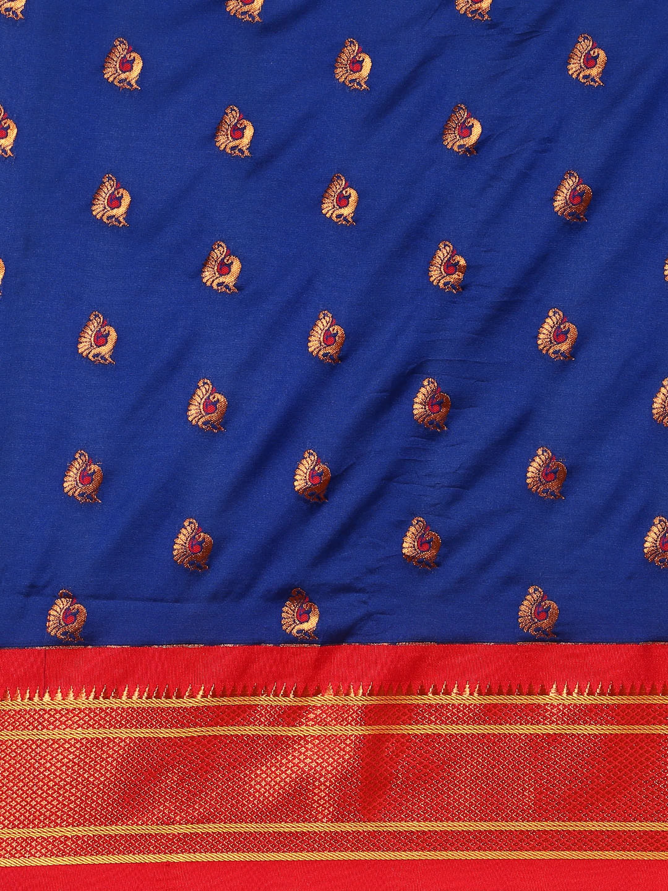 Maharani paithani saree silk blend in royal blue and red with big peacock meena butti - body fabric detail showing motif design for party wear