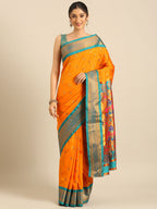 Maharani paithani saree silk blend in saffron and rama with big peacock meena butti - front view for party wear