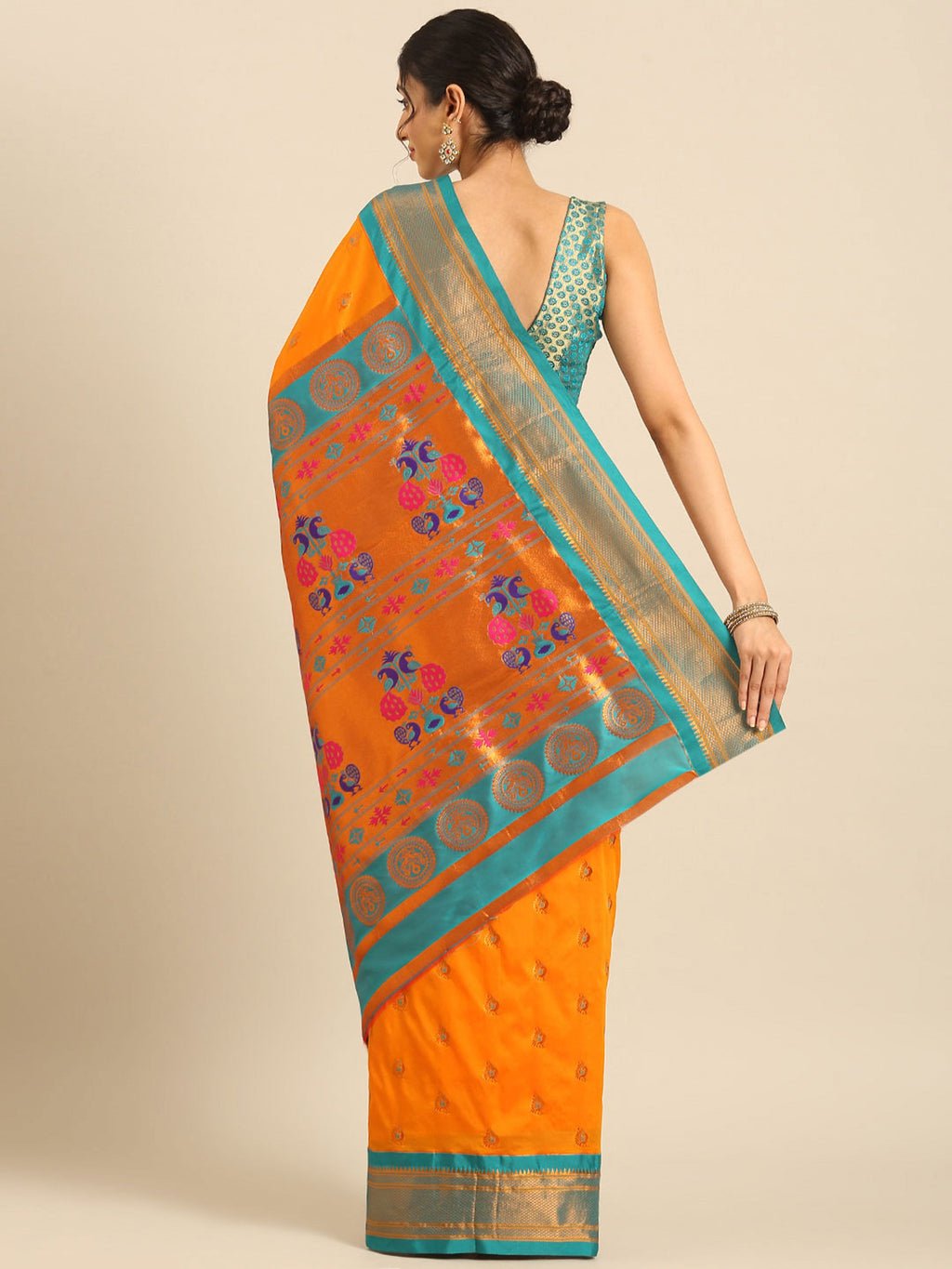 Maharani paithani saree silk blend in saffron and rama with big peacock meena butti - back view showing pallu and border for party wear