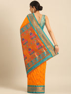 Maharani paithani saree silk blend in saffron and rama with big peacock meena butti - back view showing pallu and border for party wear