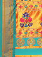 Maharani paithani saree silk blend in saffron and rama with big peacock meena butti - pallu detail showing woven motif design for party wear