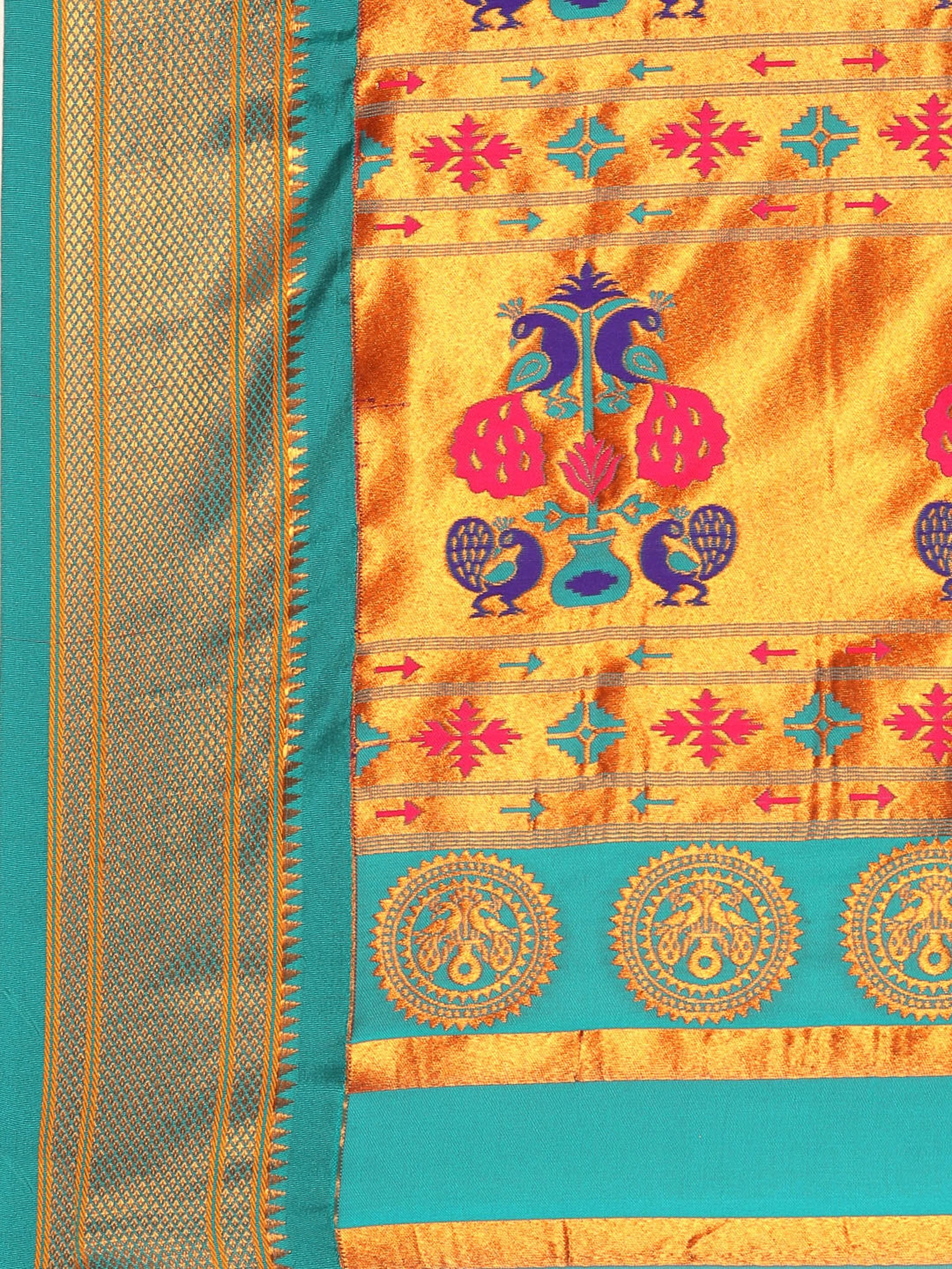 Maharani paithani saree silk blend in saffron and rama with big peacock meena butti - pallu detail showing woven motif design for party wear