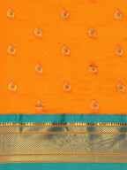 Maharani paithani saree silk blend in saffron and rama with big peacock meena butti - body fabric detail showing motif design for party wear