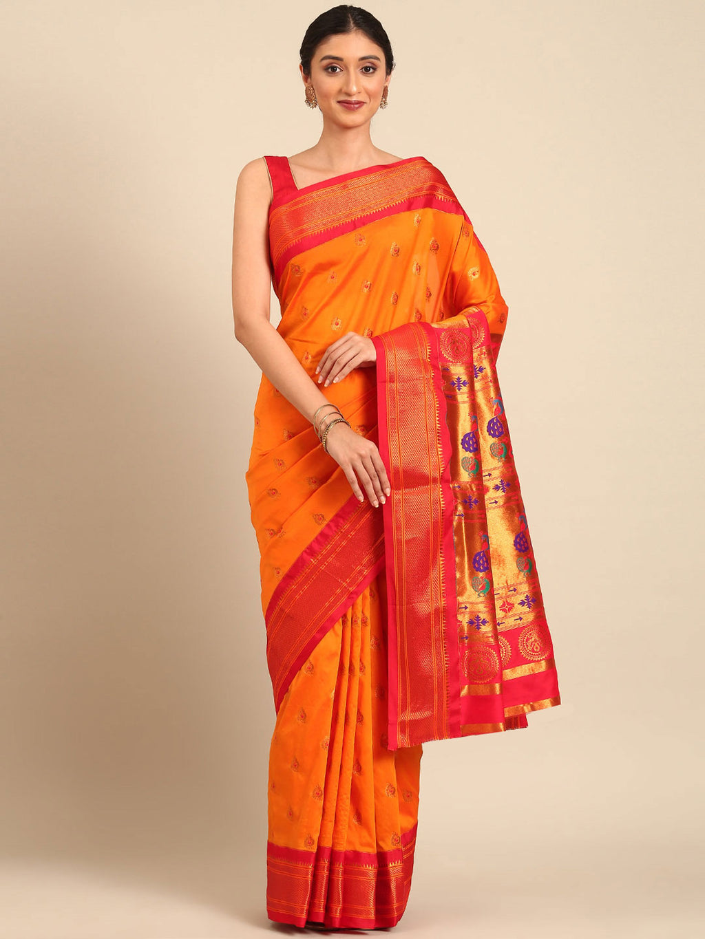 Maharani paithani saree silk blend in saffron and red with big peacock meena butti - front view for party wear