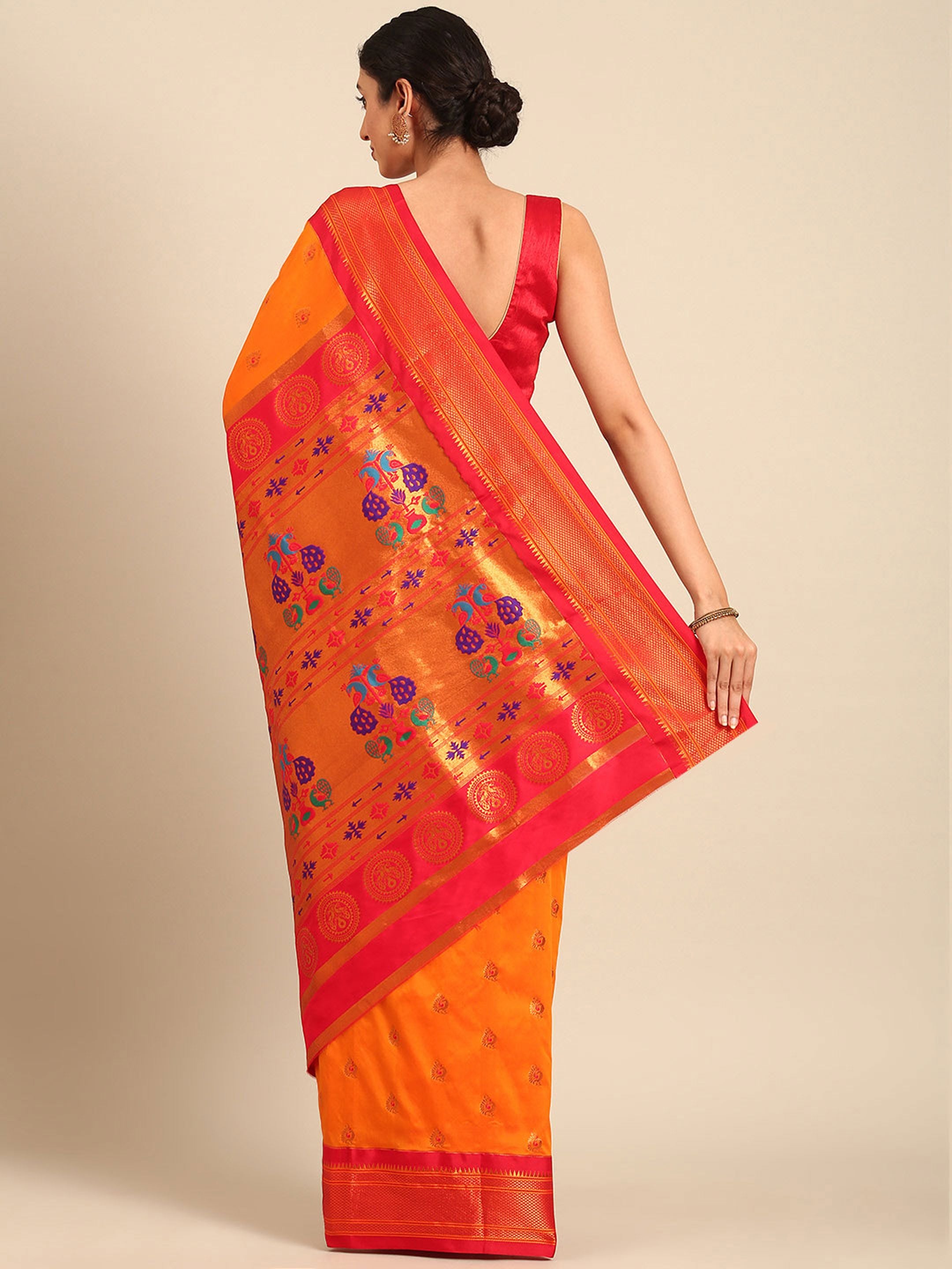 Maharani paithani saree silk blend in saffron and red with big peacock meena butti - back view showing pallu and border for party wear