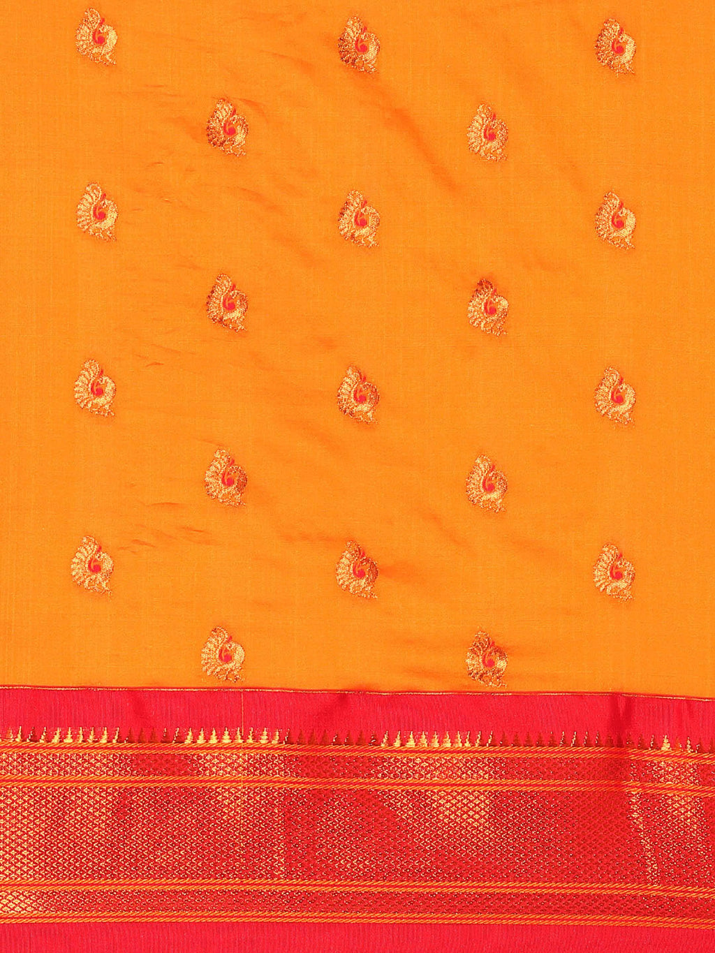 Maharani paithani saree silk blend in saffron and red with big peacock meena butti - body fabric detail showing motif design for party wear