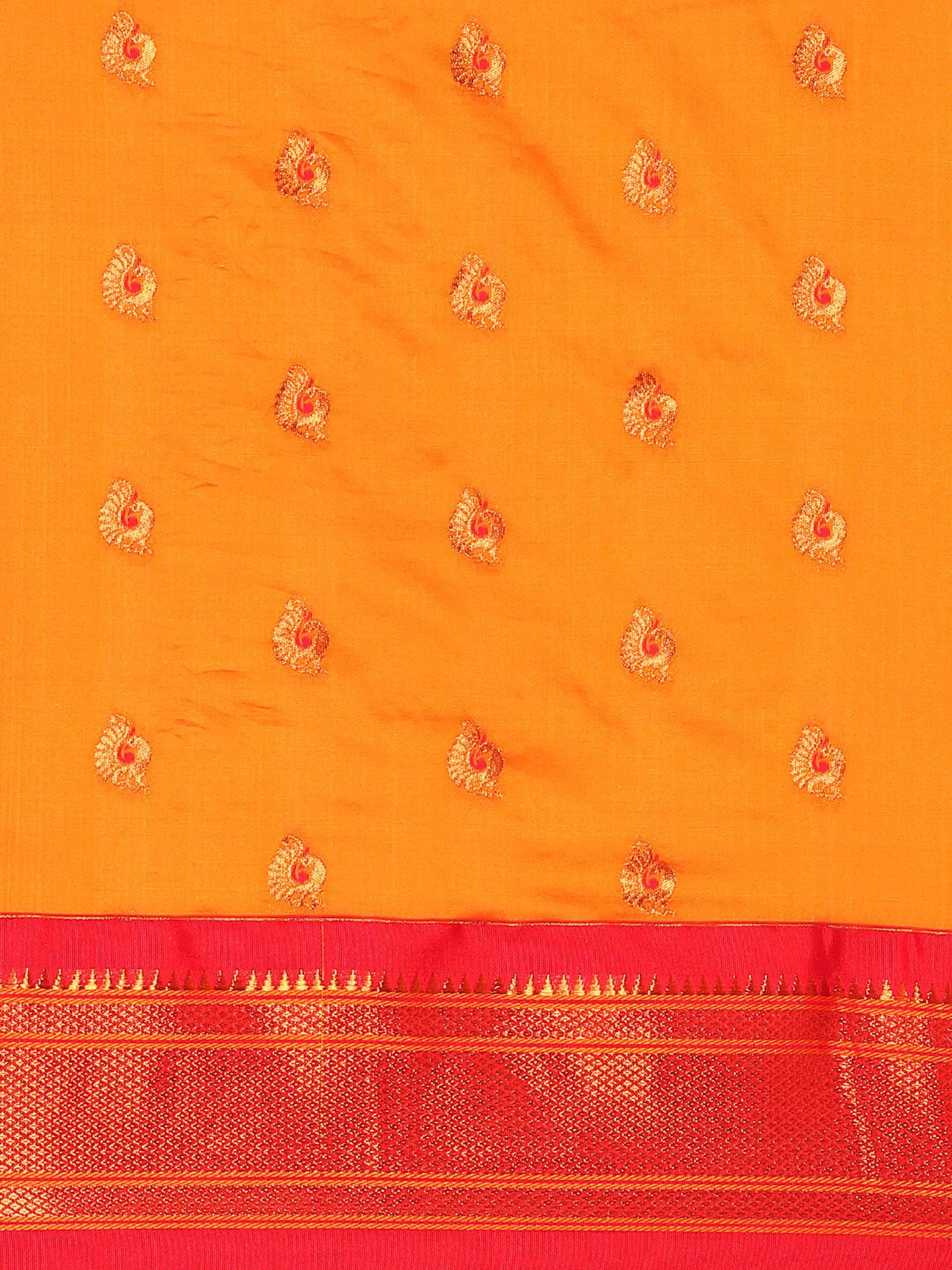 Maharani paithani saree silk blend in saffron and red with big peacock meena butti - body fabric detail showing motif design for party wear