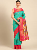 Maharani paithani saree silk blend in sea green and pink with big peacock meena butti - front view for party wear