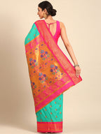 Maharani paithani saree silk blend in sea green and pink with big peacock meena butti - back view showing pallu and border for party wear