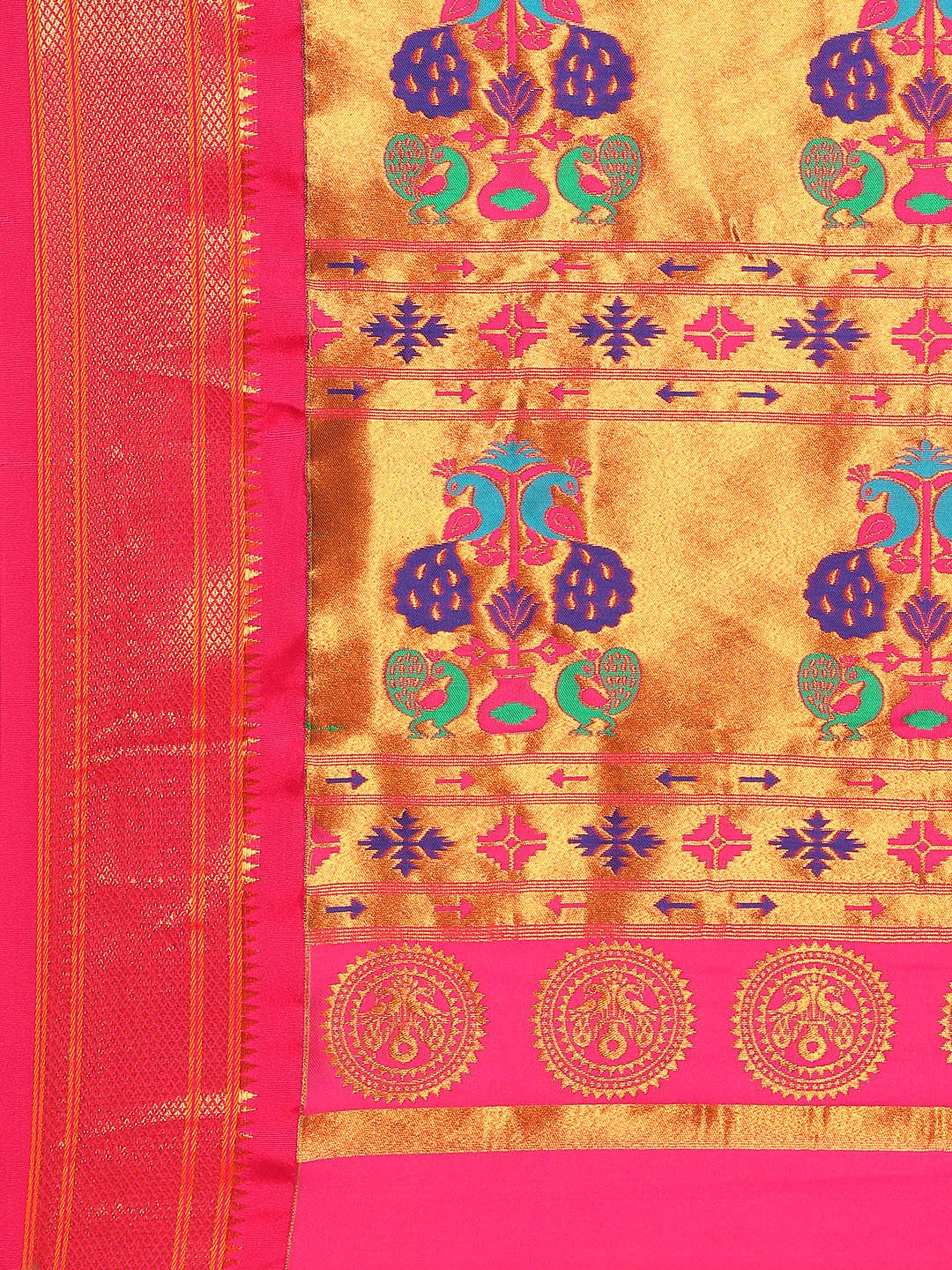 Maharani paithani saree silk blend in sea green and pink with big peacock meena butti - pallu detail showing woven motif design for party wear