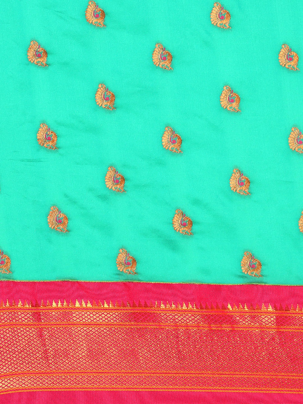 Maharani paithani saree silk blend in sea green and pink with big peacock meena butti - body fabric detail showing motif design for party wear