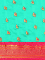 Maharani paithani saree silk blend in sea green and pink with big peacock meena butti - body fabric detail showing motif design for party wear
