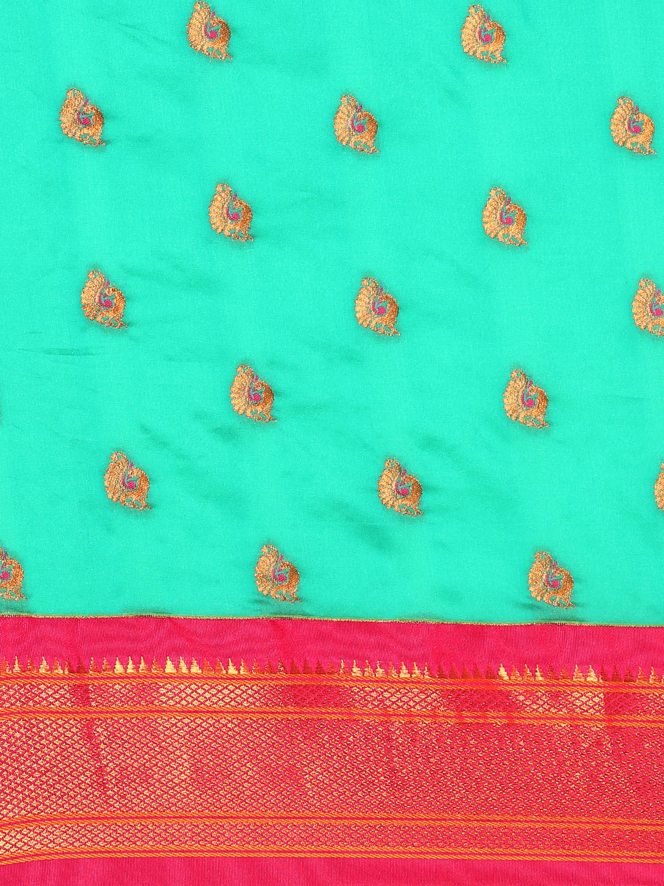 Maharani paithani saree silk blend in sea green and pink with big peacock meena butti - body fabric detail showing motif design for party wear