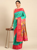 Maharani paithani saree silk blend in sea green and pink with big peacock meena butti - styled model view for party wear