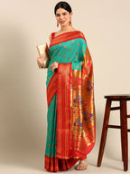 Maharani paithani saree silk blend in sea green and red with big peacock meena butti - front view for party wear