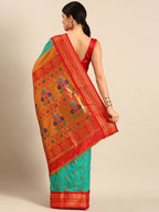 Maharani paithani saree silk blend in sea green and red with big peacock meena butti - back view showing pallu and border for party wear