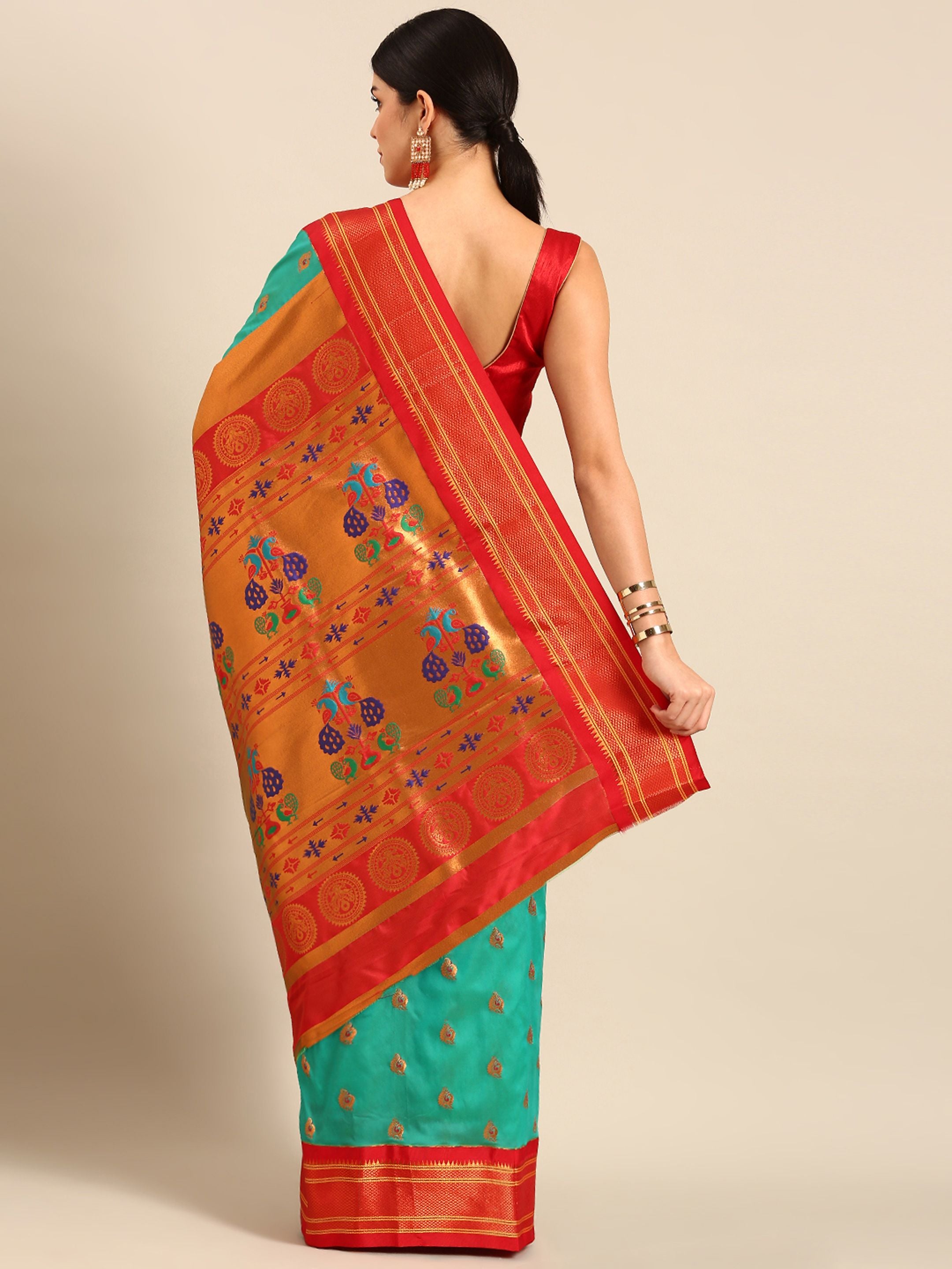 Maharani paithani saree silk blend in sea green and red with big peacock meena butti - back view showing pallu and border for party wear