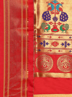 Maharani paithani saree silk blend in sea green and red with big peacock meena butti - pallu detail showing woven motif design for party wear
