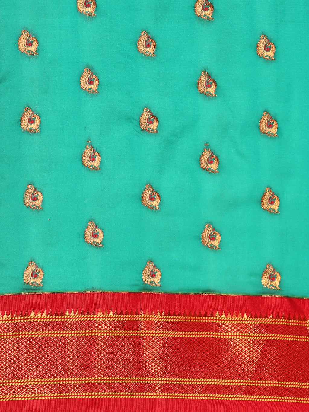 Maharani paithani saree silk blend in sea green and red with big peacock meena butti - body fabric detail showing motif design for party wear