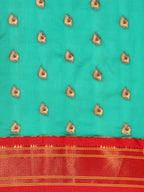Maharani paithani saree silk blend in sea green and red with big peacock meena butti - body fabric detail showing motif design for party wear