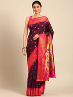 Maharani paithani saree silk blend in wine and pink with big peacock meena butti - front view for party wear