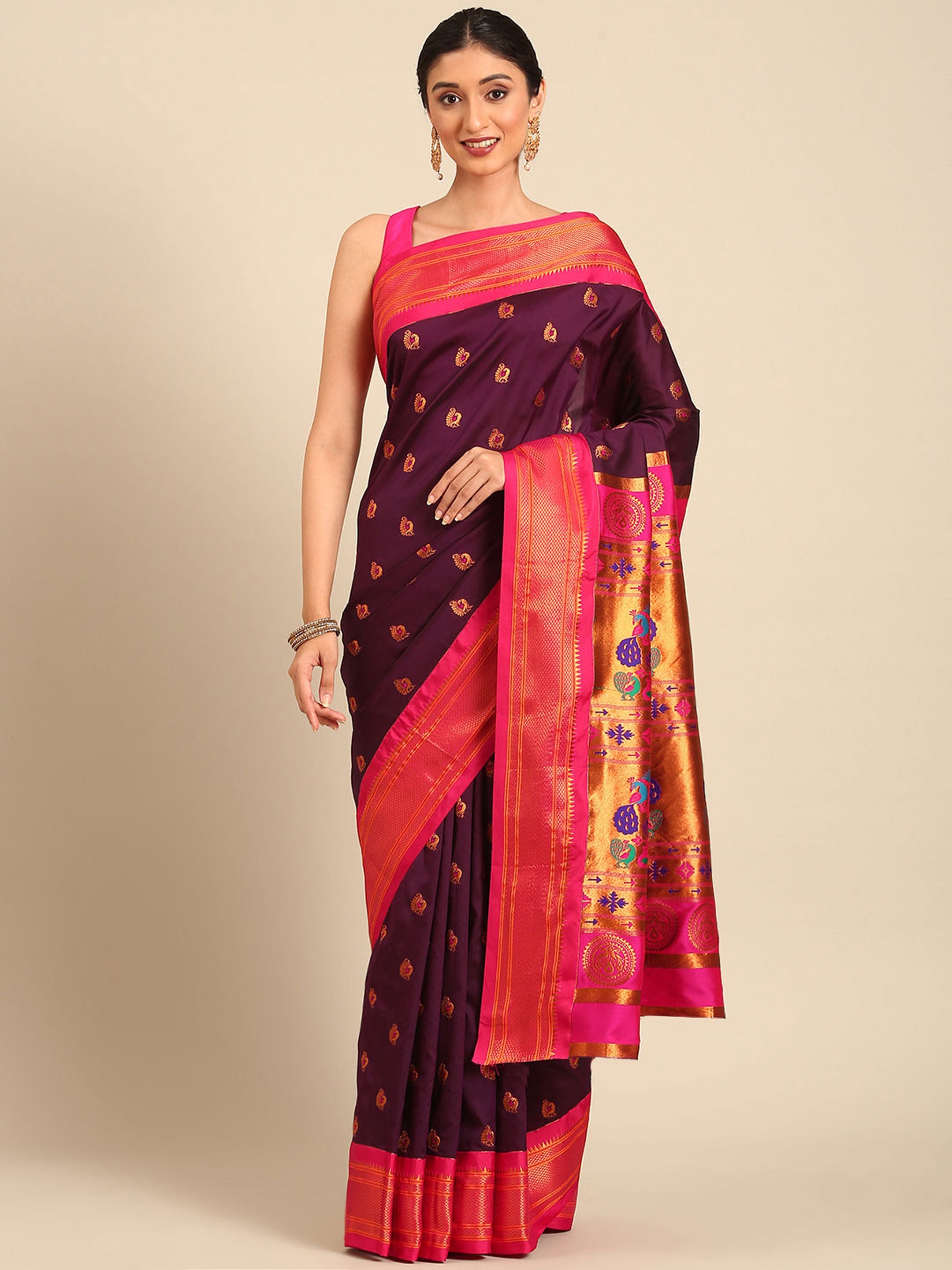Maharani paithani saree silk blend in wine and pink with big peacock meena butti - front view for party wear
